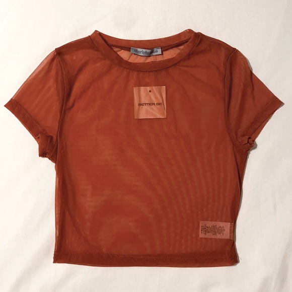 Sheer Mesh Orange Short Sleeve Crew Crop Top - Picture 2 of 6